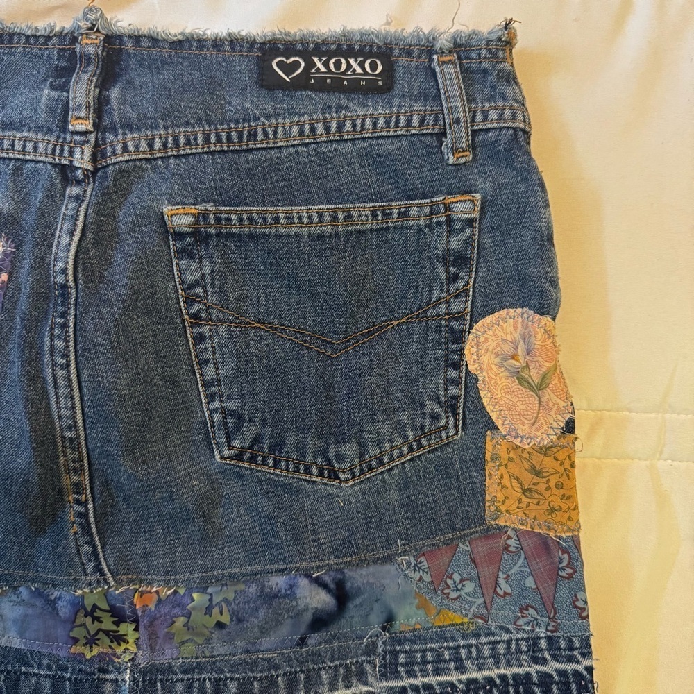 XOXO Boho Upcycled Denim Jean Patchwork Skirt with Vintage 80’s Material Sz 9/10 - Picture 9 of 14